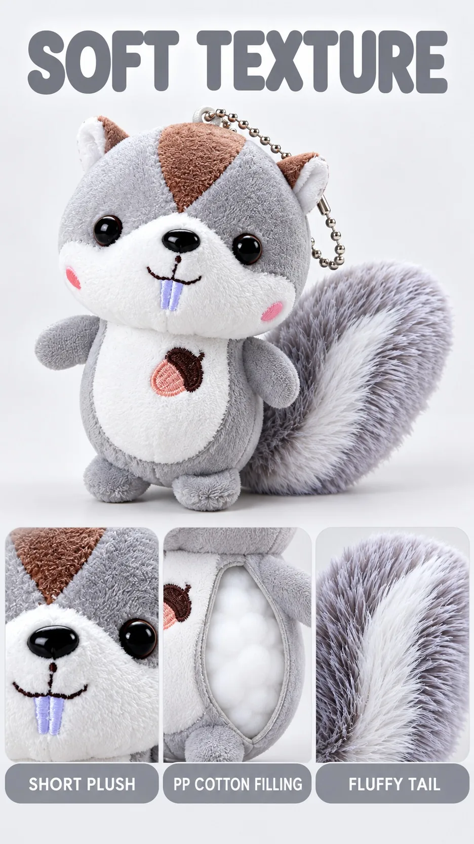 Cute Squirrel Plush Keychain Pendant Soft Stuffed Animal Bag Charm with Fluffy Tail and Acorn Embroidery product detail 2