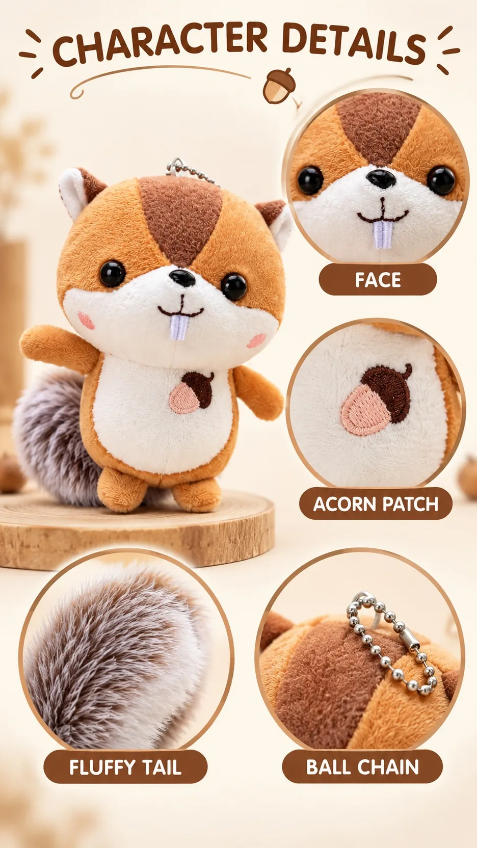 Cute Squirrel Plush Keychain Pendant Soft Stuffed Animal Bag Charm with Fluffy Tail and Acorn Embroidery product detail 3
