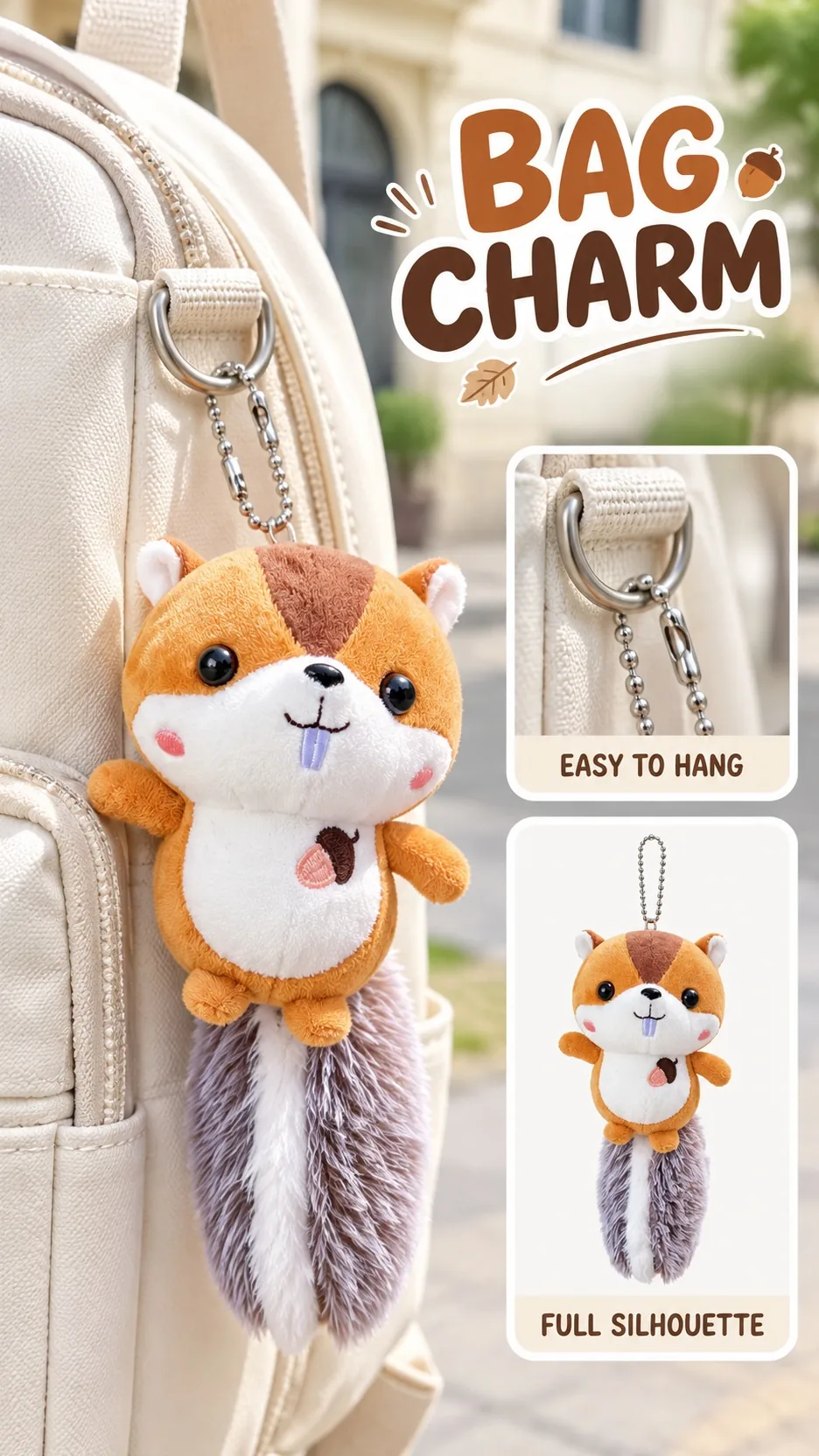 Cute Squirrel Plush Keychain Pendant Soft Stuffed Animal Bag Charm with Fluffy Tail and Acorn Embroidery product detail 6