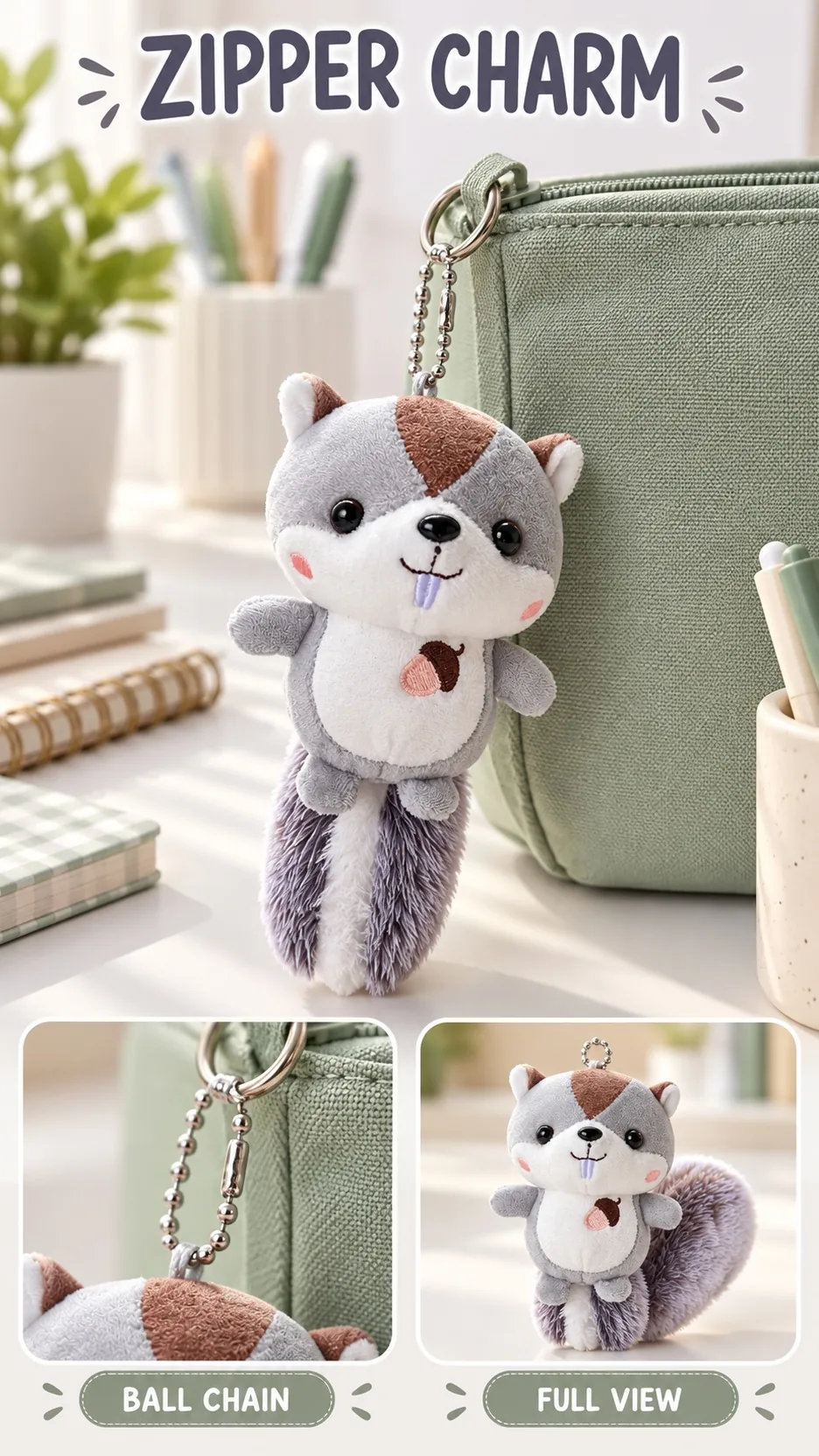 Cute Squirrel Plush Keychain Pendant Soft Stuffed Animal Bag Charm with Fluffy Tail and Acorn Embroidery product detail 7