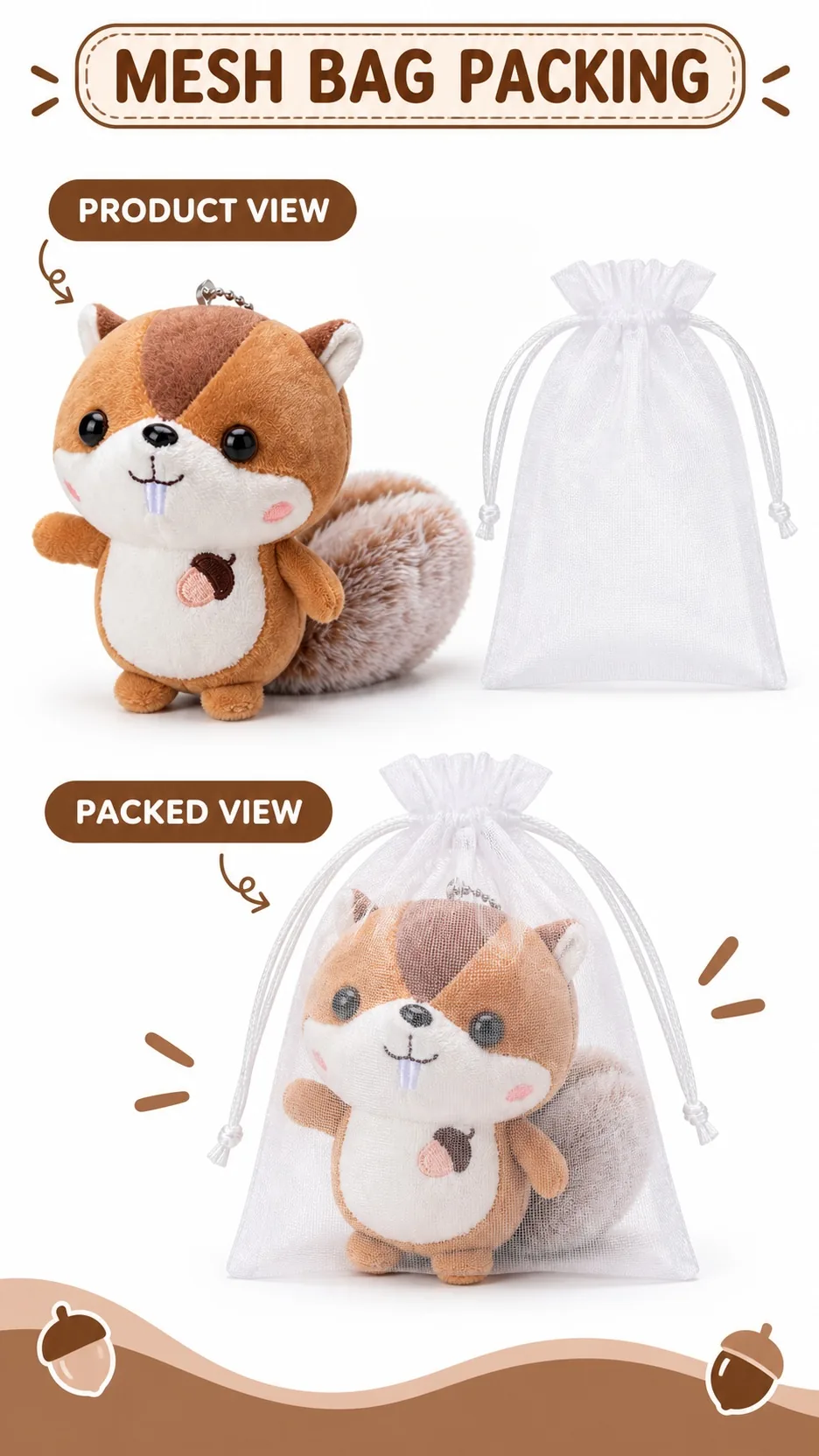 Cute Squirrel Plush Keychain Pendant Soft Stuffed Animal Bag Charm with Fluffy Tail and Acorn Embroidery product detail 8