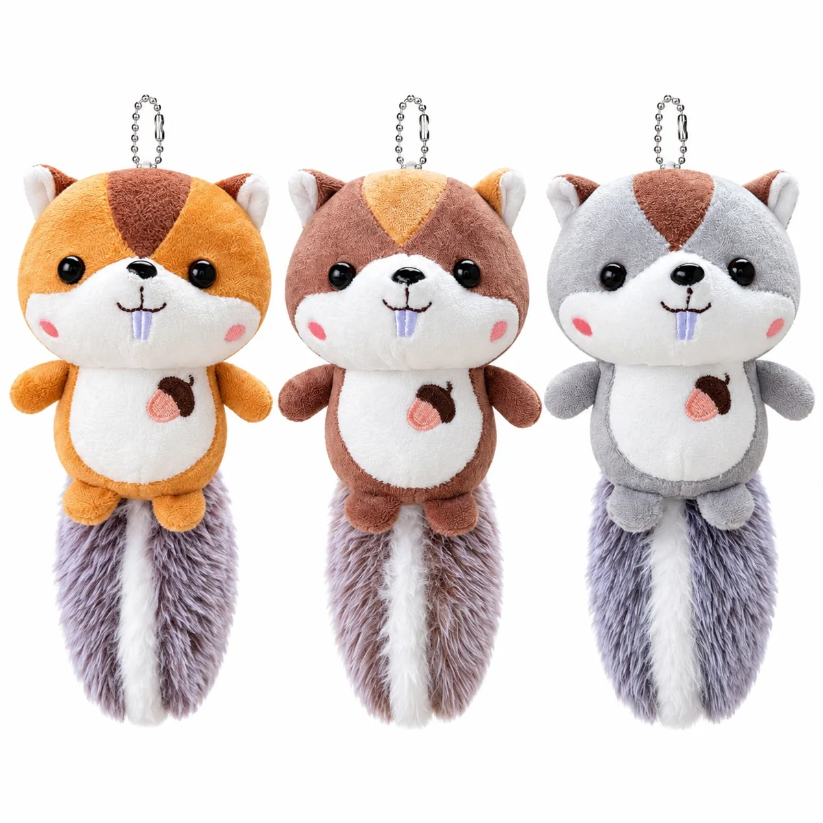 Cute Squirrel Plush Keychain Pendant Soft Stuffed Animal Bag Charm with Fluffy Tail and Acorn Embroidery