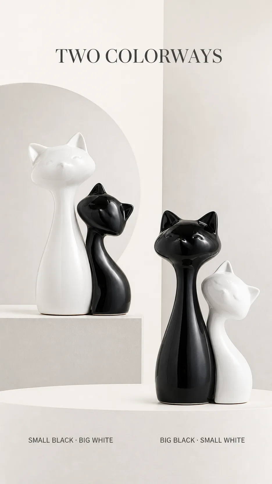 Modern Minimalist Glossy Ceramic Cat Sculpture Set Black and White Home Decor product detail 1