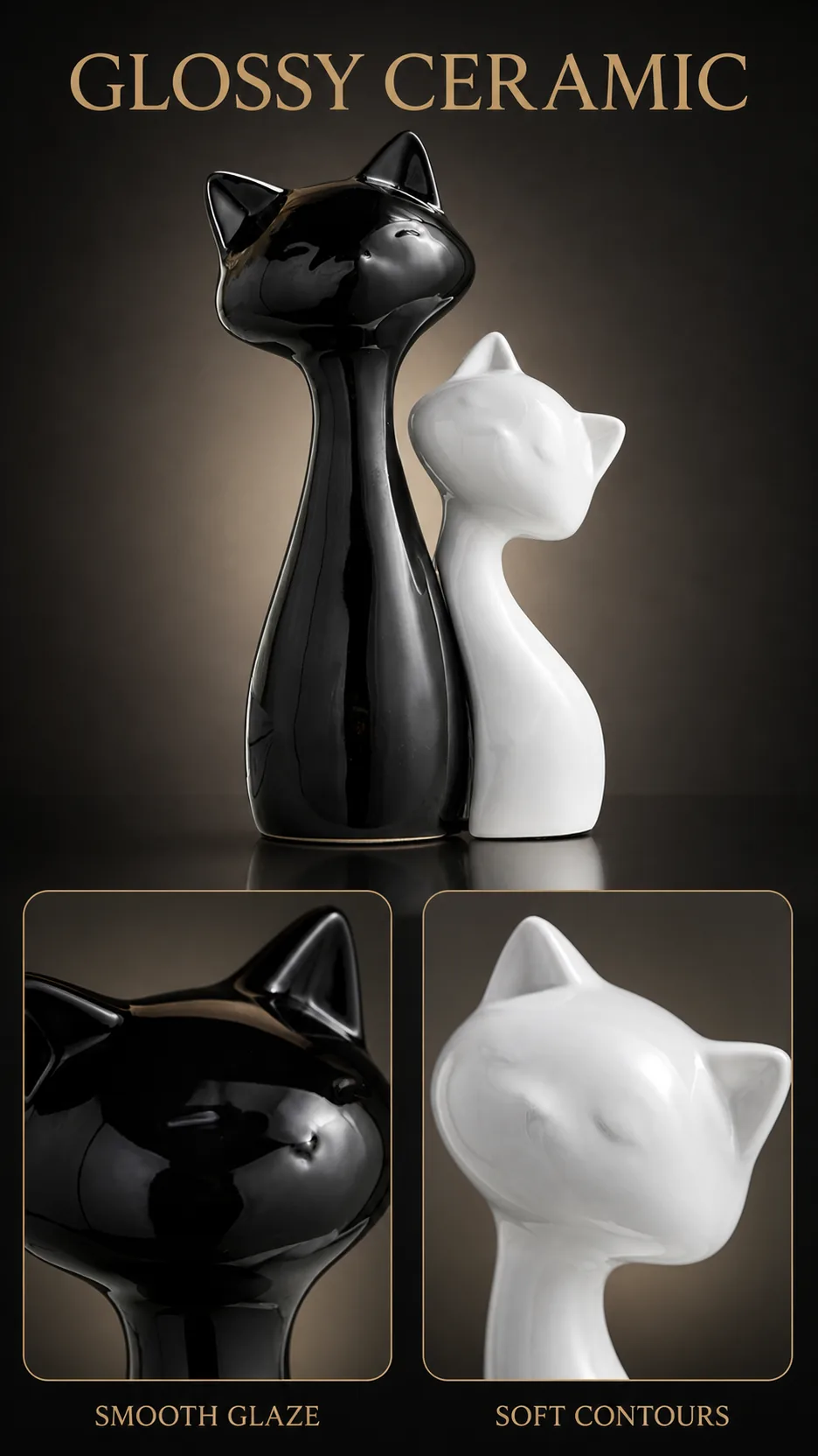 Modern Minimalist Glossy Ceramic Cat Sculpture Set Black and White Home Decor product detail 2