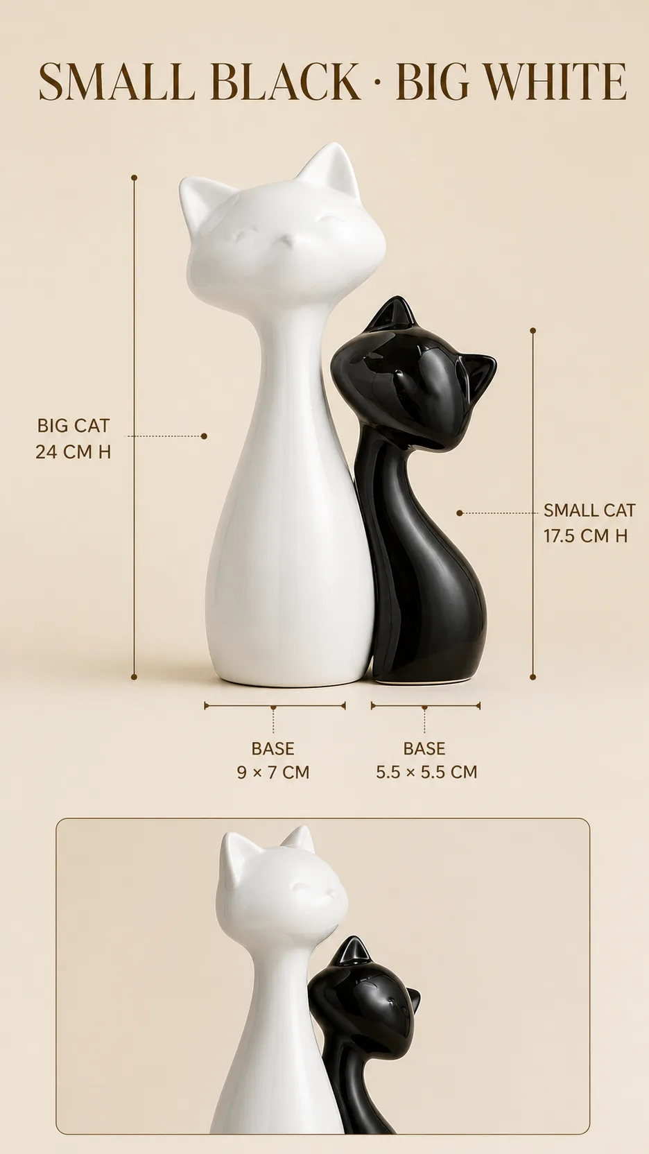 Modern Minimalist Glossy Ceramic Cat Sculpture Set Black and White Home Decor product detail 3