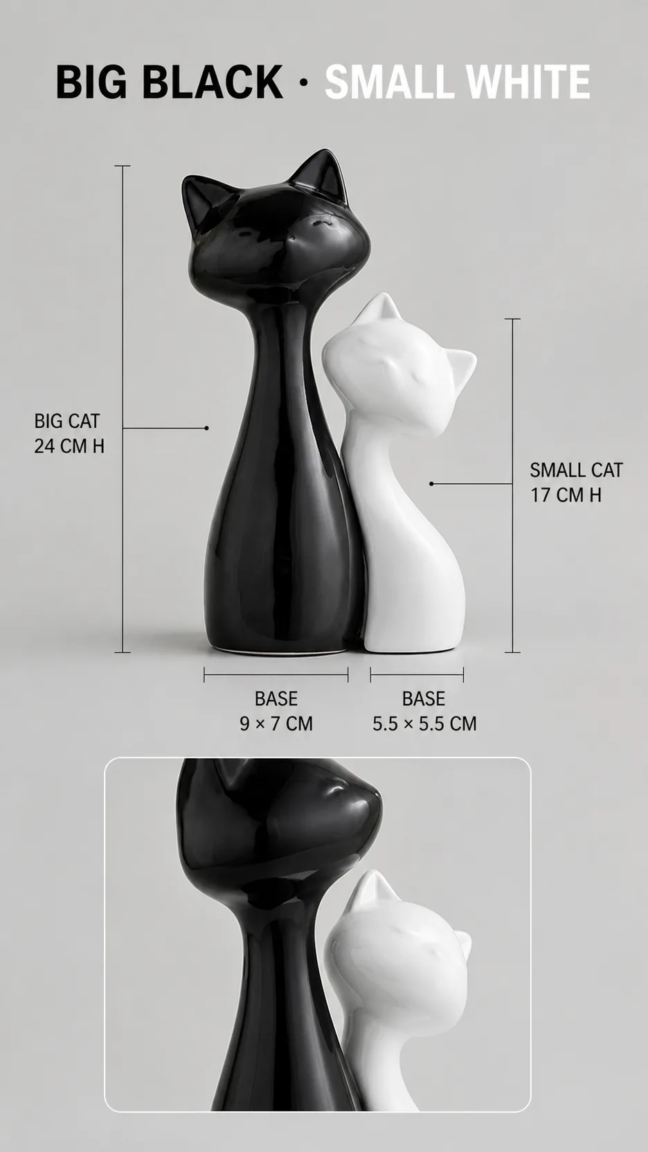 Modern Minimalist Glossy Ceramic Cat Sculpture Set Black and White Home Decor product detail 4