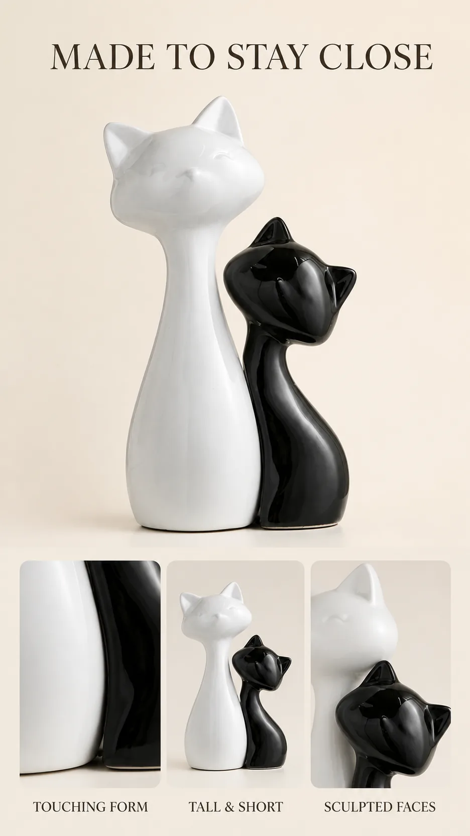 Modern Minimalist Glossy Ceramic Cat Sculpture Set Black and White Home Decor product detail 5