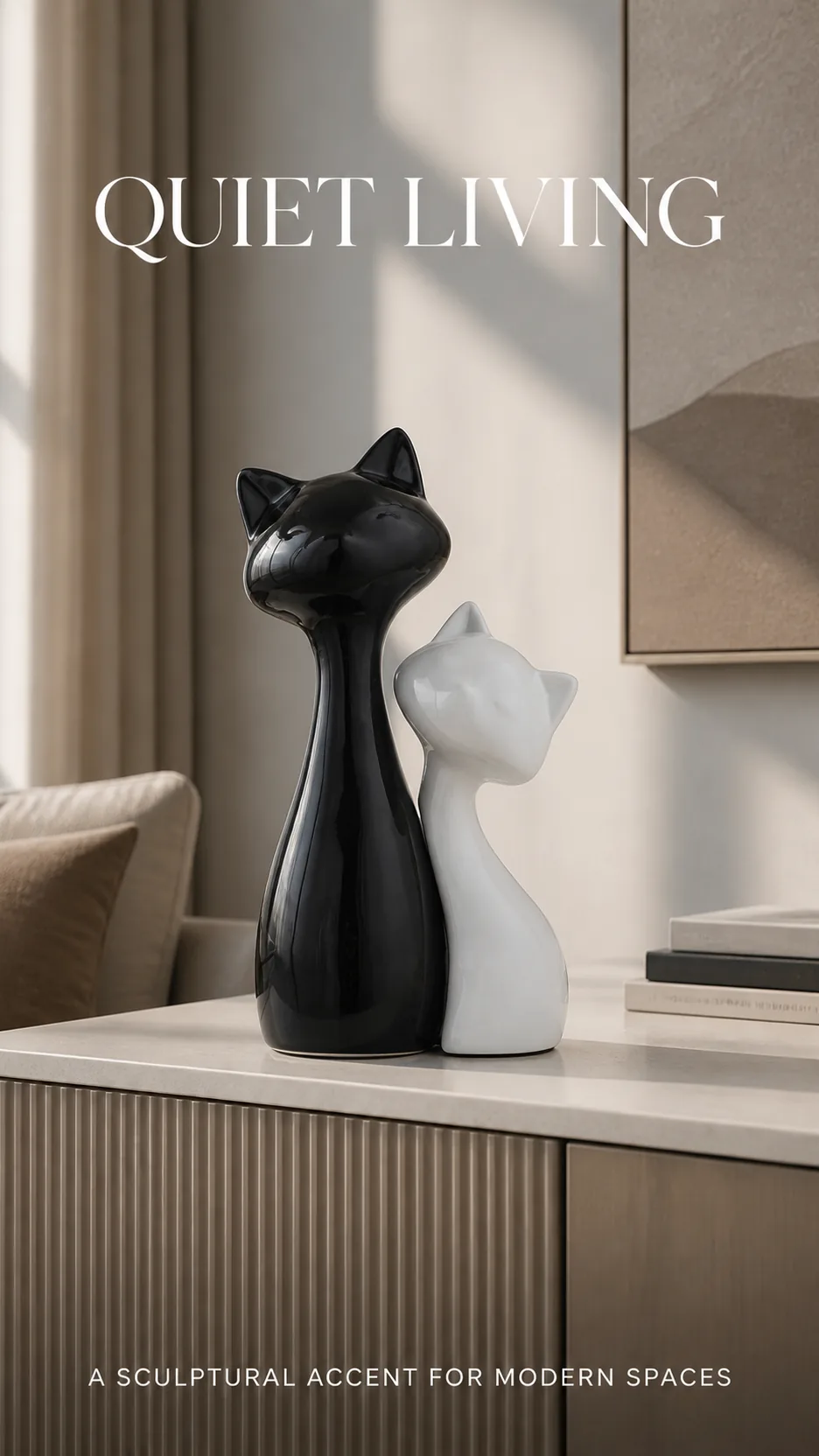 Modern Minimalist Glossy Ceramic Cat Sculpture Set Black and White Home Decor product detail 6