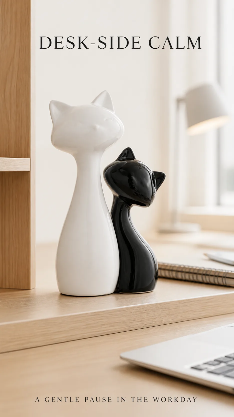 Modern Minimalist Glossy Ceramic Cat Sculpture Set Black and White Home Decor product detail 7
