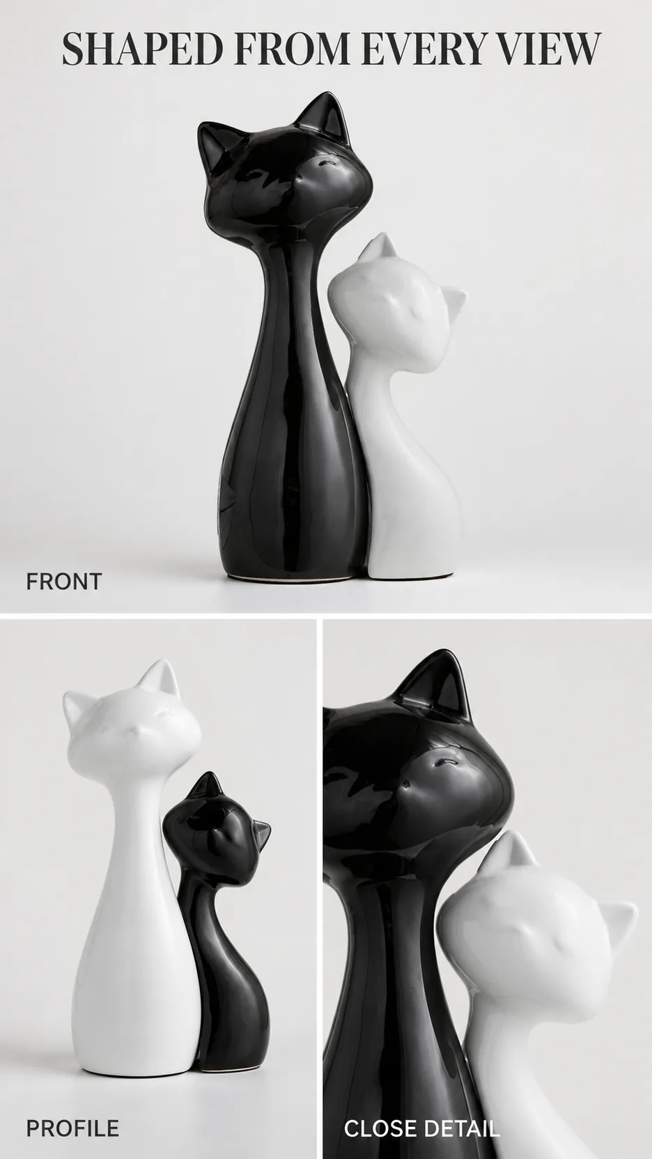 Modern Minimalist Glossy Ceramic Cat Sculpture Set Black and White Home Decor product detail 8