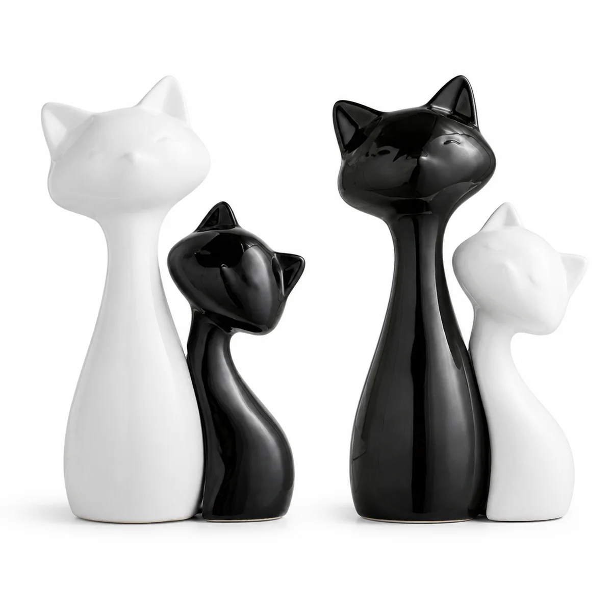 Modern Minimalist Glossy Ceramic Cat Sculpture Set Black and White Home Decor