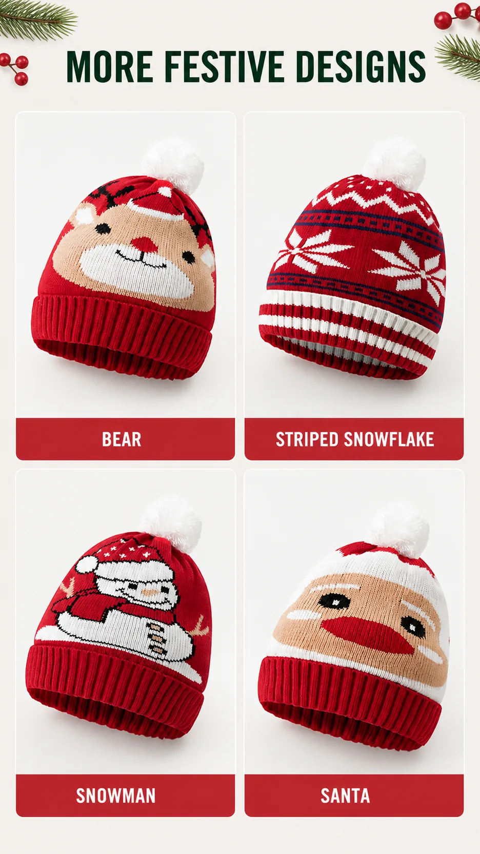 Custom Logo Christmas Jacquard Knit Beanie Hat with Pom Pom Winter Warm Acrylic Skull Cap product detail 2