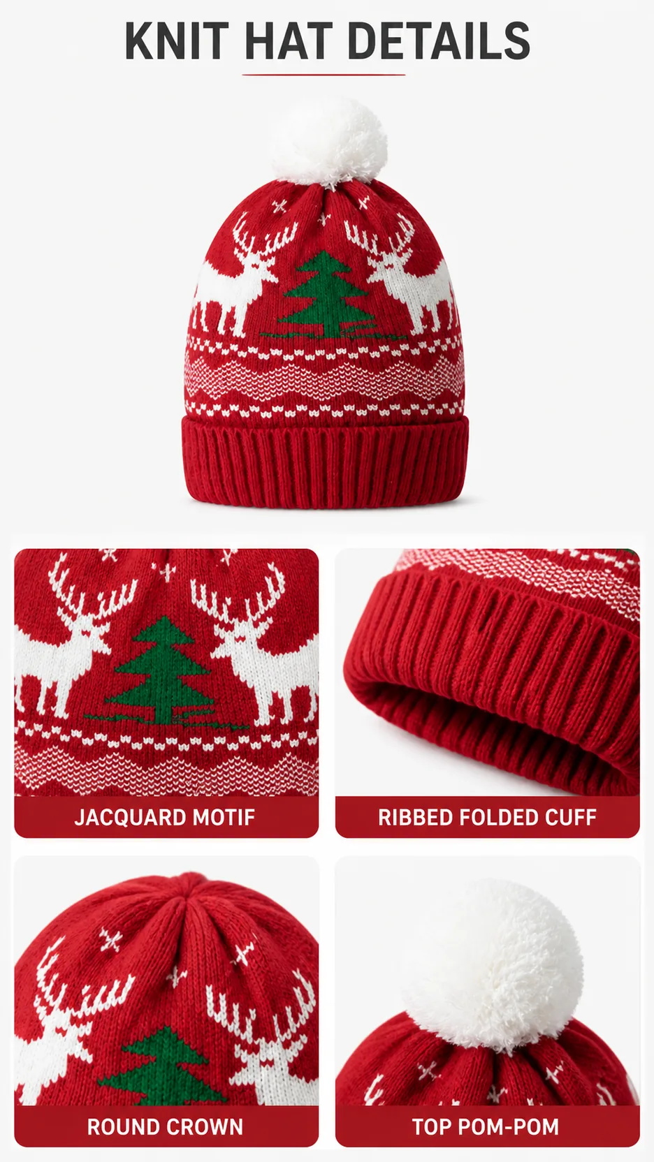 Custom Logo Christmas Jacquard Knit Beanie Hat with Pom Pom Winter Warm Acrylic Skull Cap product detail 3