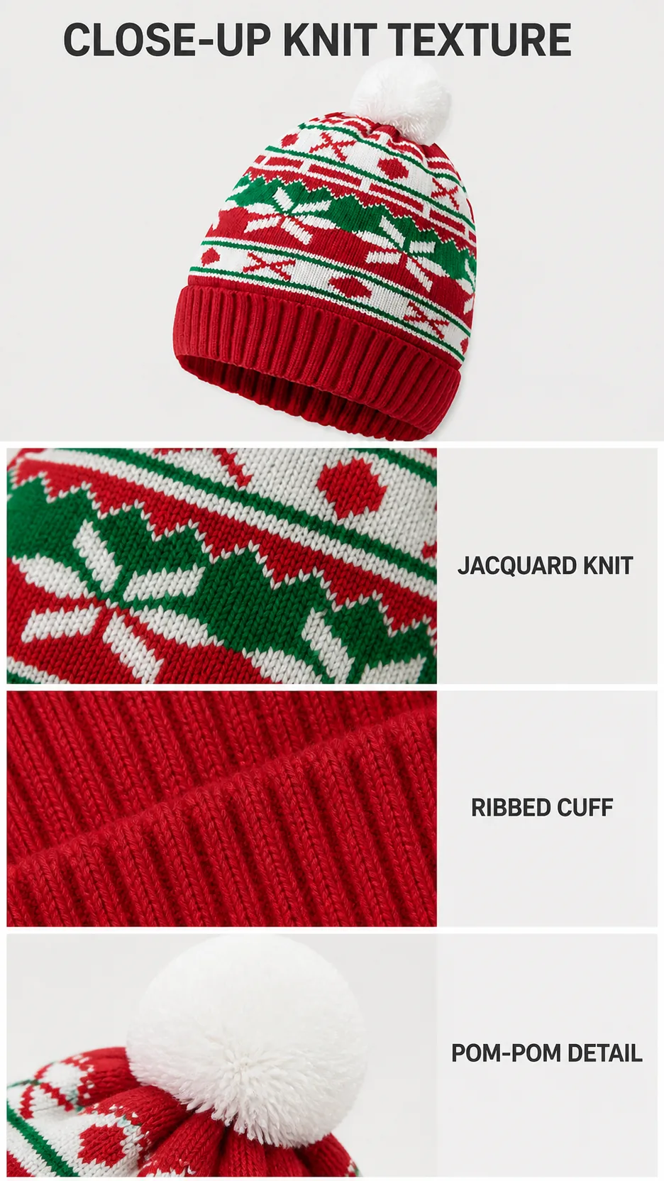 Custom Logo Christmas Jacquard Knit Beanie Hat with Pom Pom Winter Warm Acrylic Skull Cap product detail 4