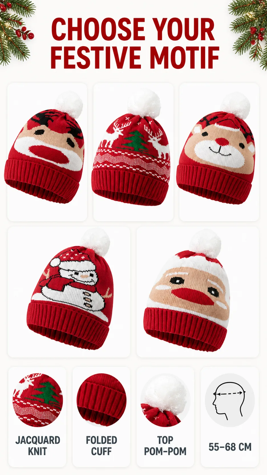 Custom Logo Christmas Jacquard Knit Beanie Hat with Pom Pom Winter Warm Acrylic Skull Cap product detail 8