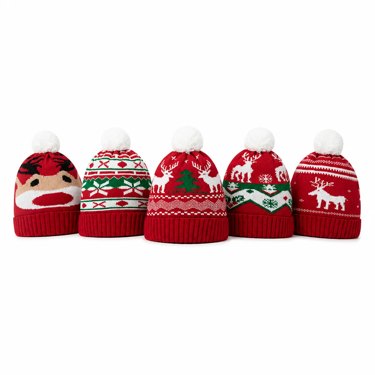 Custom Logo Christmas Jacquard Knit Beanie Hat with Pom Pom Winter Warm Acrylic Skull Cap