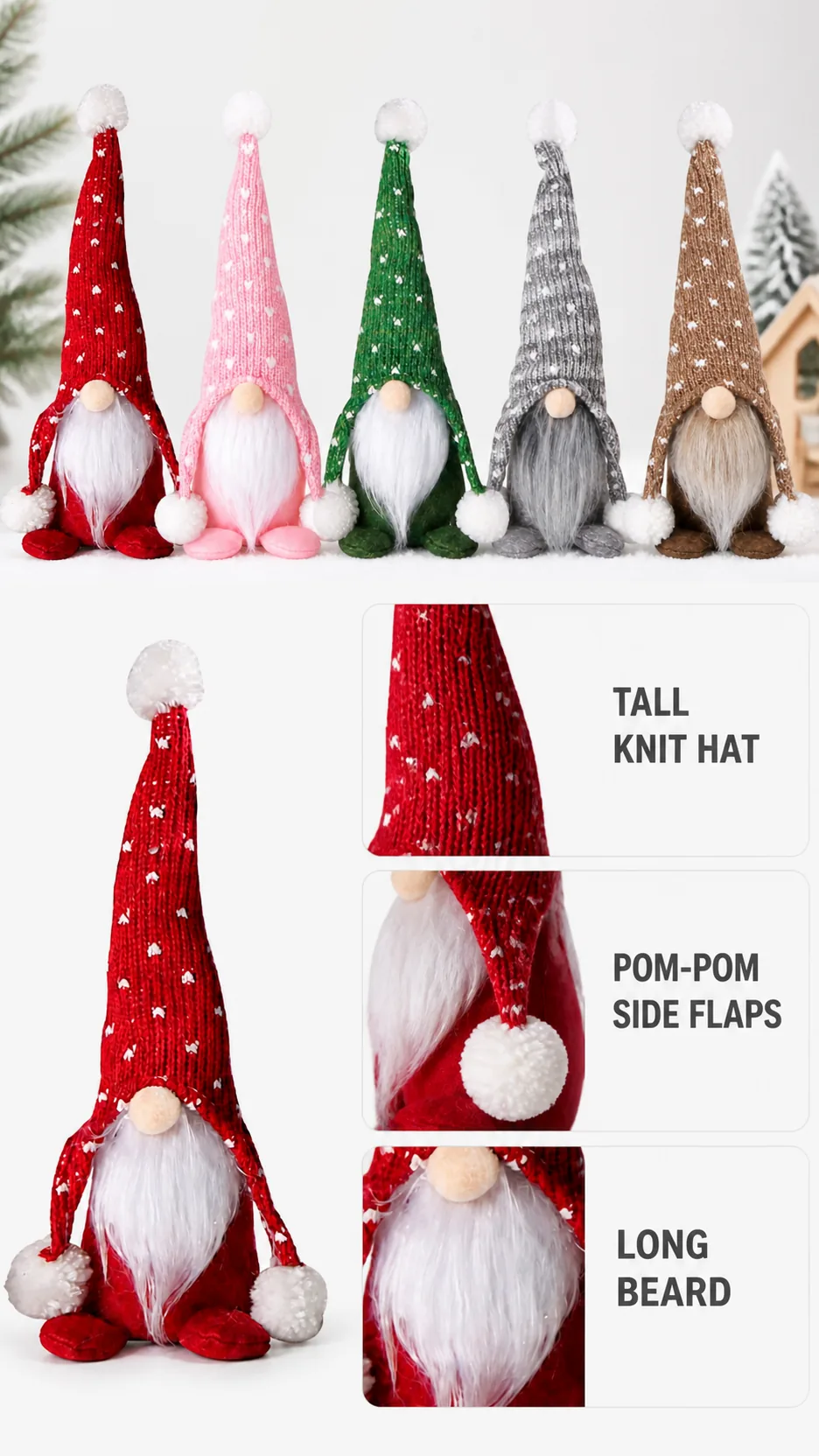 Christmas Knitted Gnome Doll Plush Faceless Elf Figurine with Tall Hat and Pom Poms for Holiday Home Decoration product detail 3