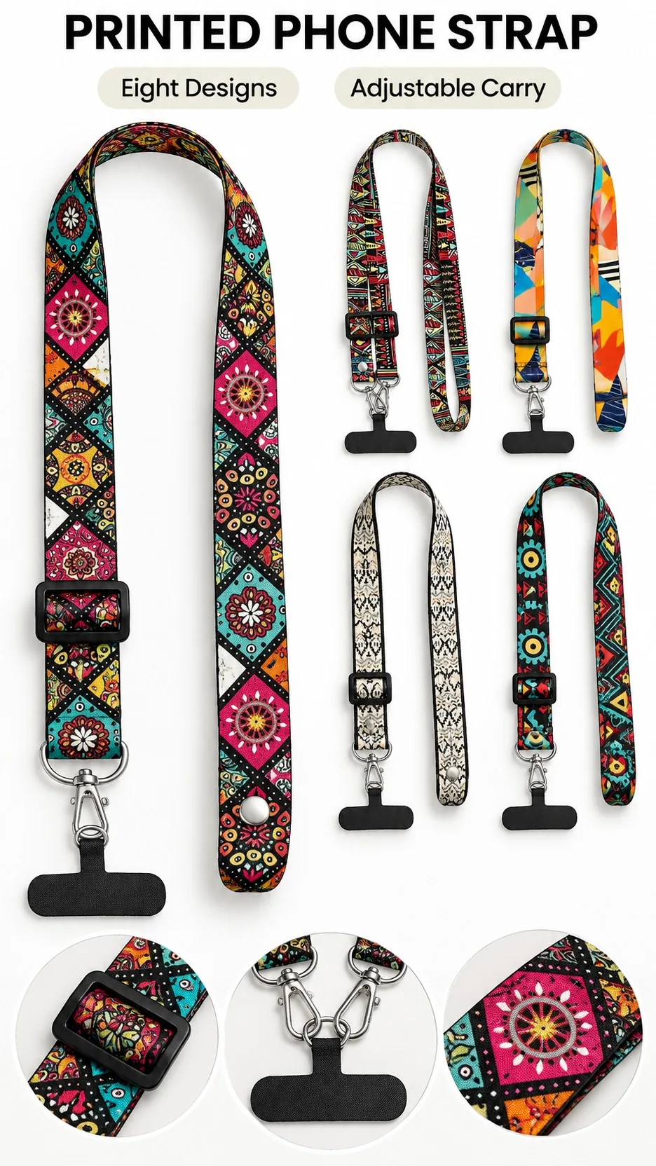 Retro Bohemian Adjustable Crossbody Phone Lanyard Strap with Canvas Insert product detail 1