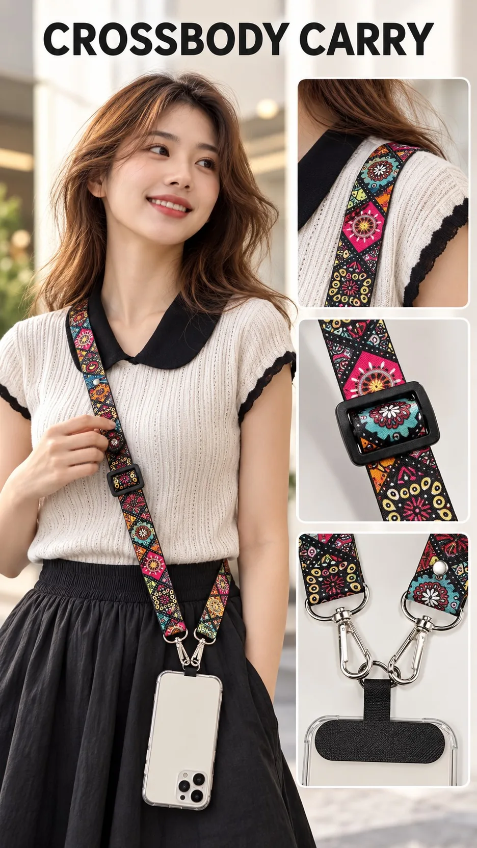 Retro Bohemian Adjustable Crossbody Phone Lanyard Strap with Canvas Insert product detail 6