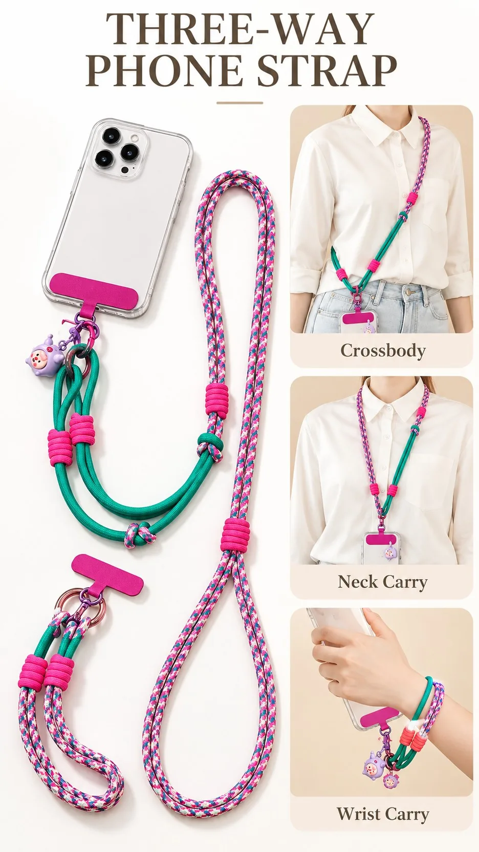 Adjustable 3-in-1 Nylon Braided Phone Lanyard Crossbody Neck Wrist Strap with Metal Clip product detail 1