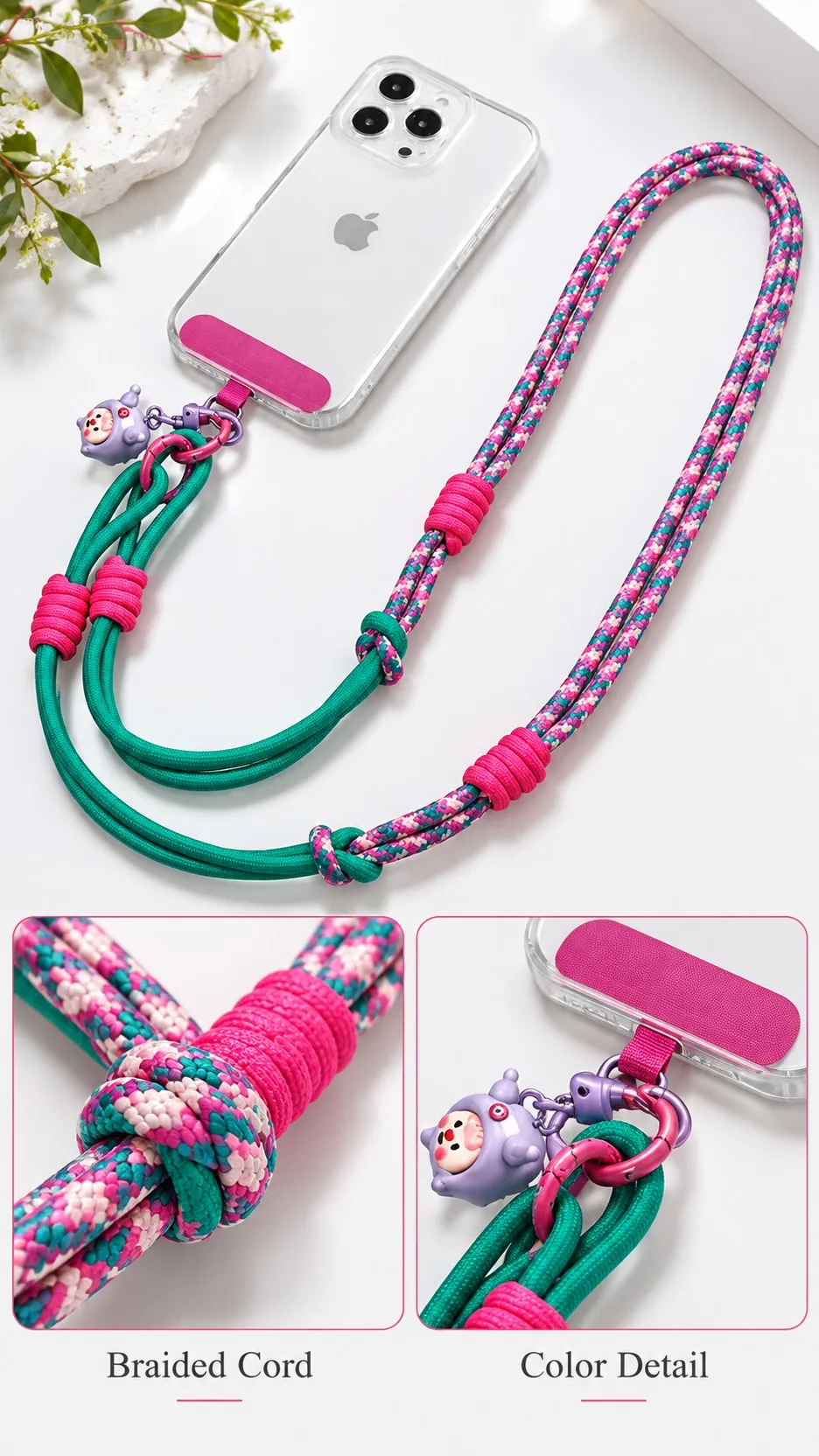 Adjustable 3-in-1 Nylon Braided Phone Lanyard Crossbody Neck Wrist Strap with Metal Clip product detail 2