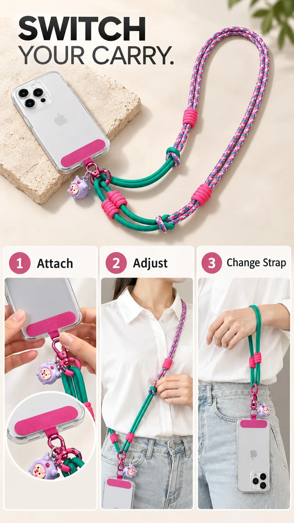 Adjustable 3-in-1 Nylon Braided Phone Lanyard Crossbody Neck Wrist Strap with Metal Clip product detail 8