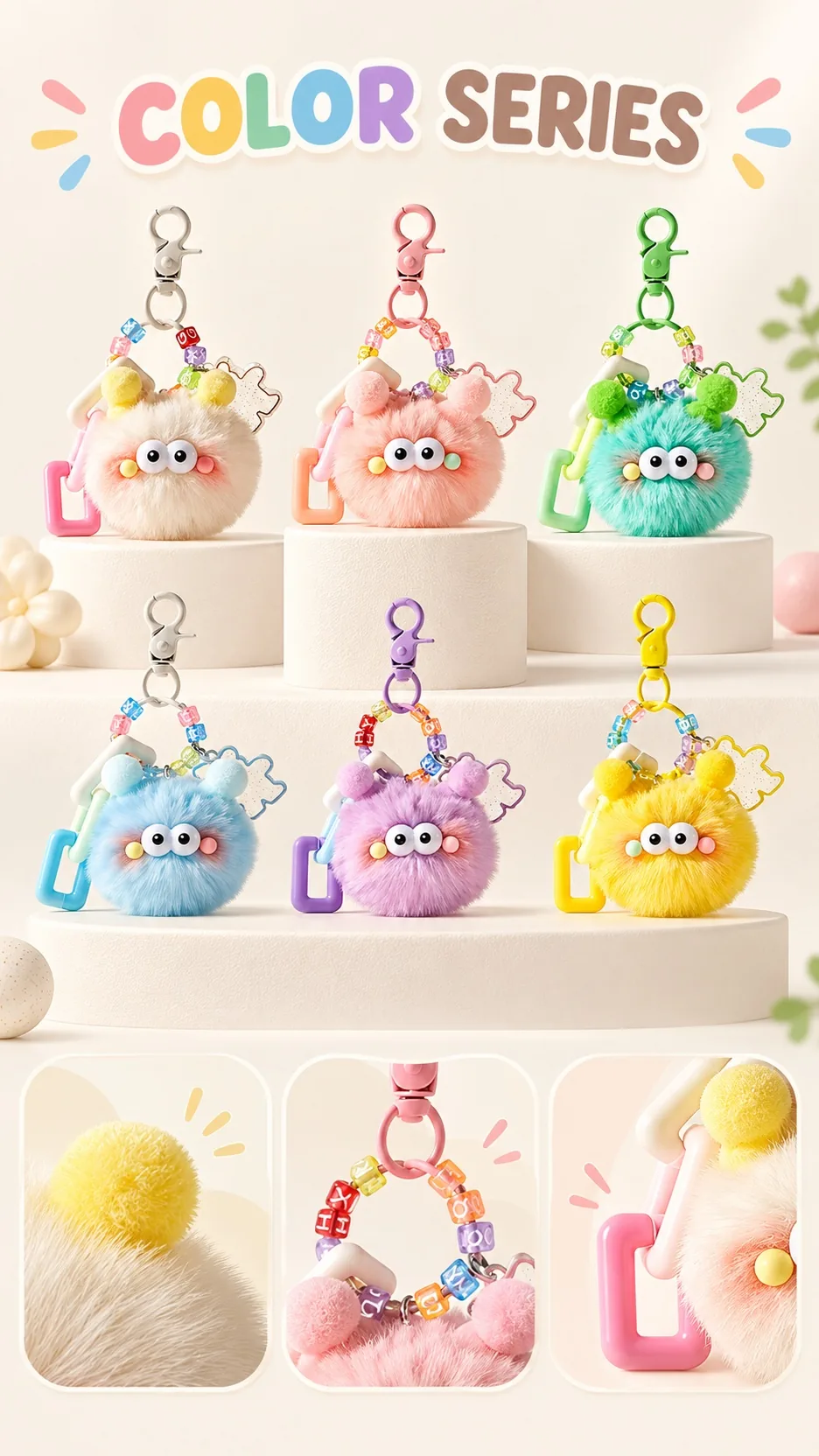 Cute Fluffy Monster Plush Keychain with Letter Beads and Acrylic Charm Bag Accessory product detail 1