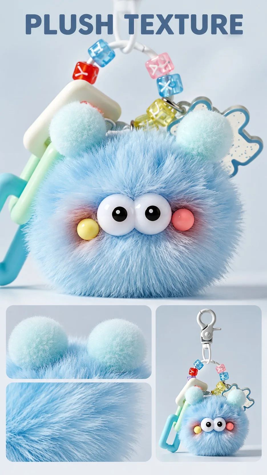 Cute Fluffy Monster Plush Keychain with Letter Beads and Acrylic Charm Bag Accessory product detail 2