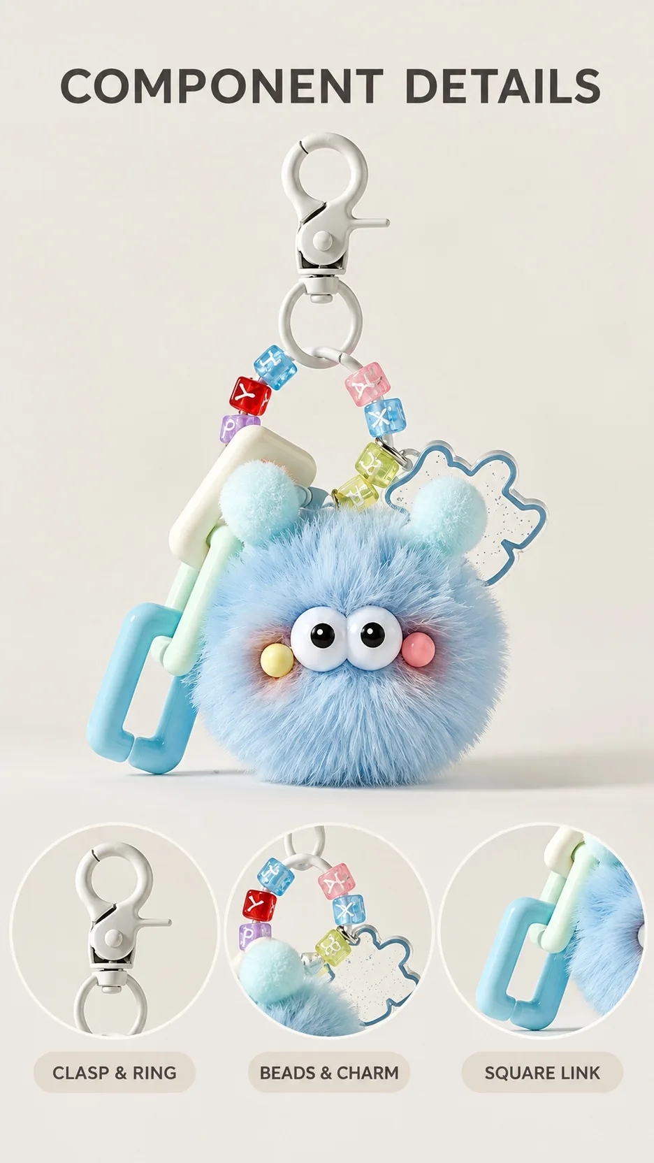 Cute Fluffy Monster Plush Keychain with Letter Beads and Acrylic Charm Bag Accessory product detail 3