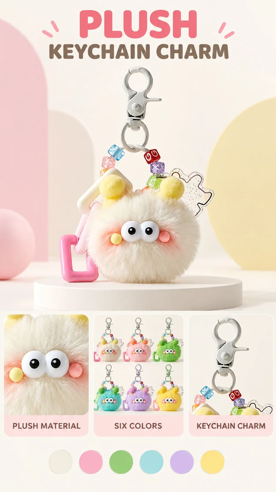Cute Fluffy Monster Plush Keychain with Letter Beads and Acrylic Charm Bag Accessory product detail 4