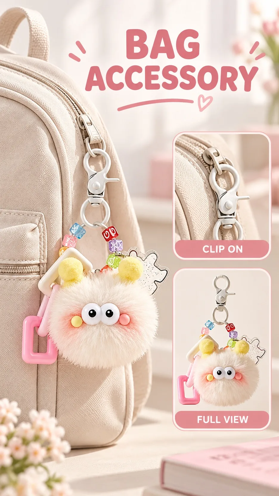 Cute Fluffy Monster Plush Keychain with Letter Beads and Acrylic Charm Bag Accessory product detail 6