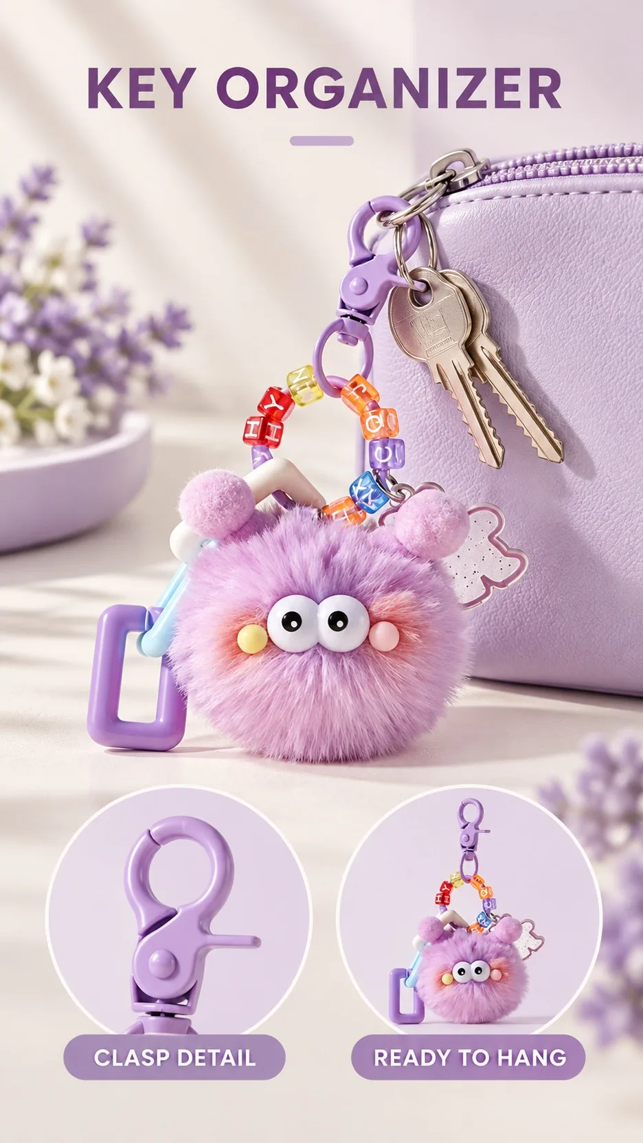 Cute Fluffy Monster Plush Keychain with Letter Beads and Acrylic Charm Bag Accessory product detail 7