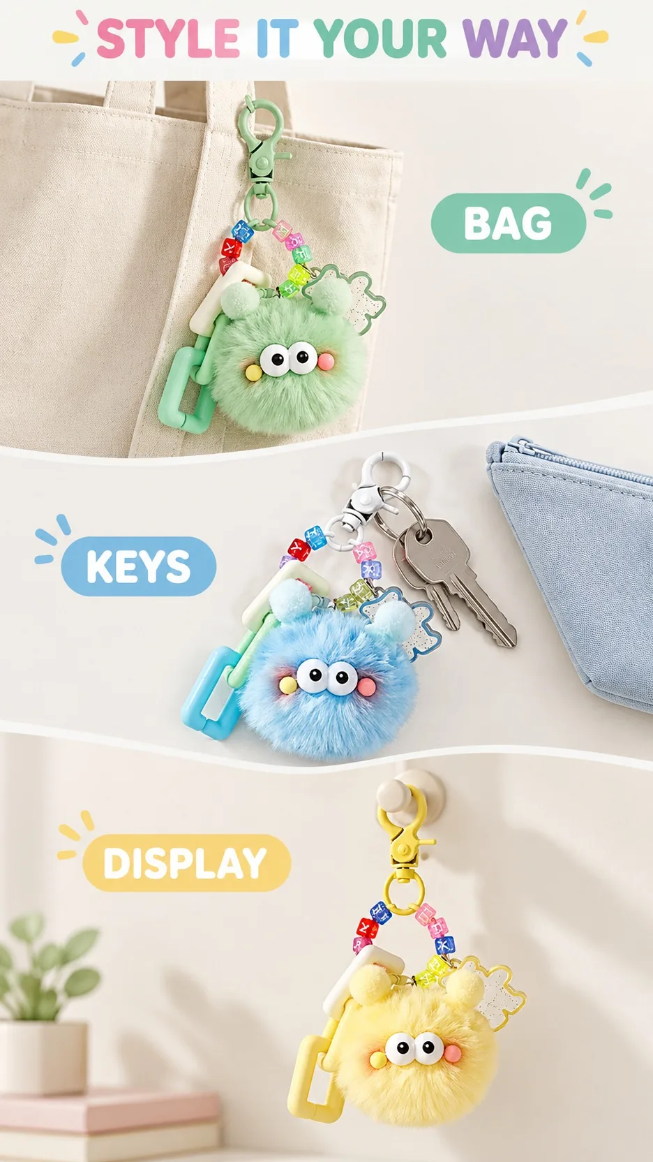 Cute Fluffy Monster Plush Keychain with Letter Beads and Acrylic Charm Bag Accessory product detail 8