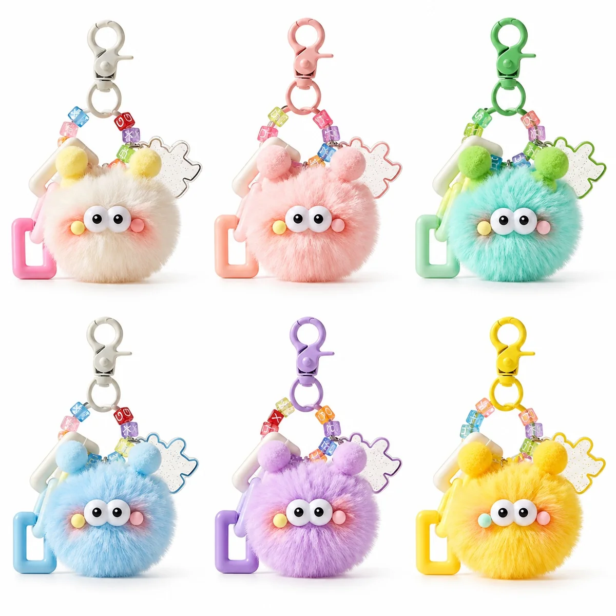 Cute Fluffy Monster Plush Keychain with Letter Beads and Acrylic Charm Bag Accessory