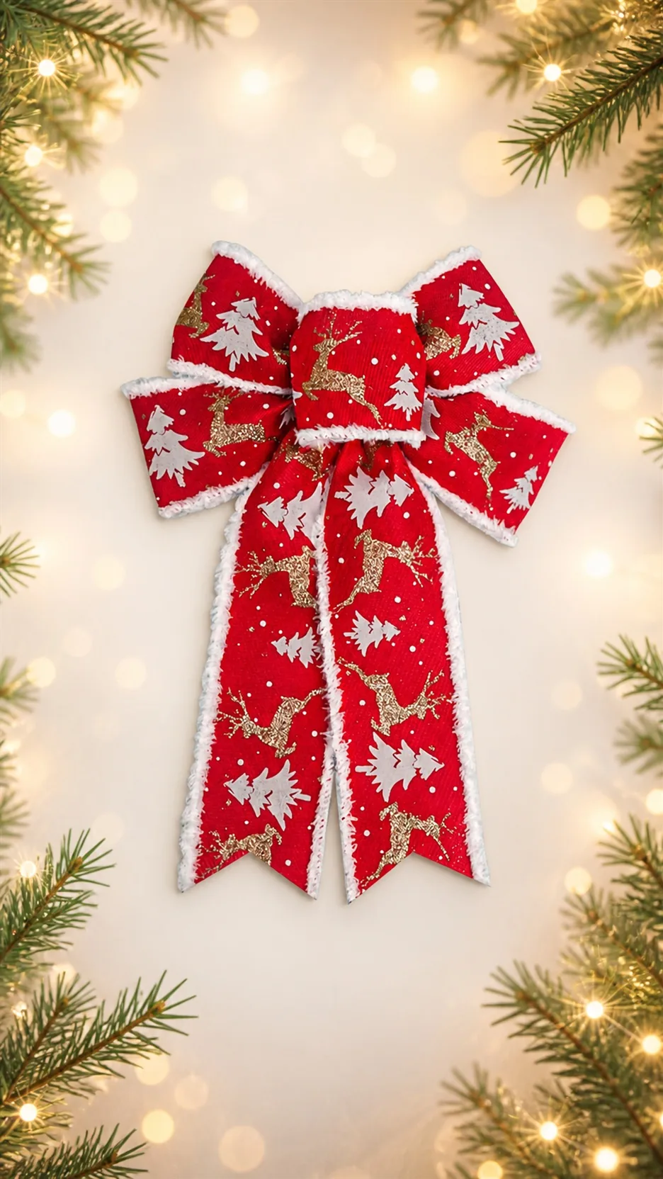 Christmas Tree Topper Bow with Frayed Edge Ribbon Reindeer Car Pattern Holiday Decoration product detail 1