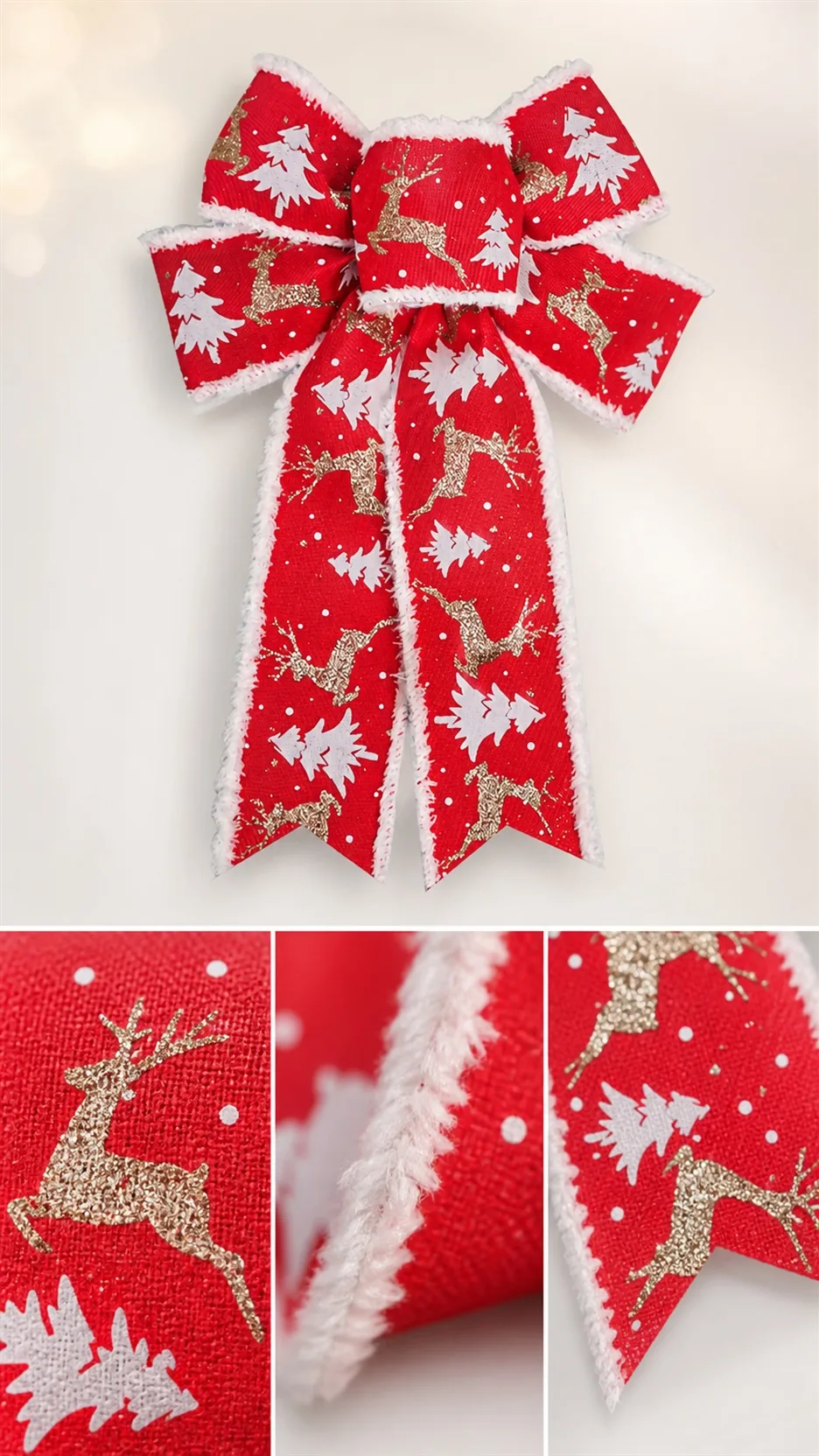 Christmas Tree Topper Bow with Frayed Edge Ribbon Reindeer Car Pattern Holiday Decoration product detail 2