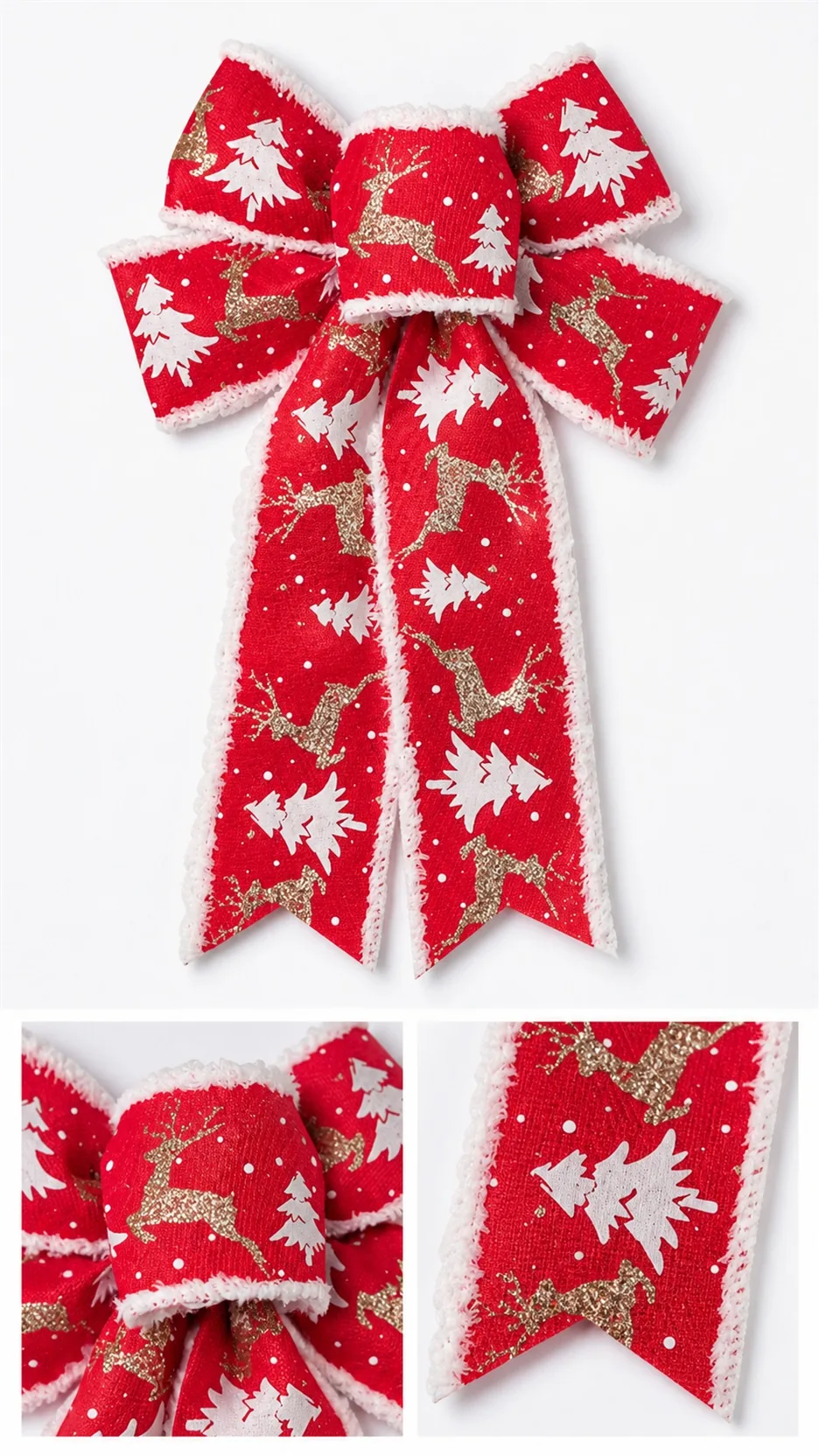 Christmas Tree Topper Bow with Frayed Edge Ribbon Reindeer Car Pattern Holiday Decoration product detail 3
