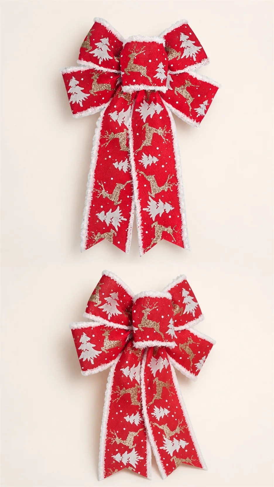 Christmas Tree Topper Bow with Frayed Edge Ribbon Reindeer Car Pattern Holiday Decoration product detail 5