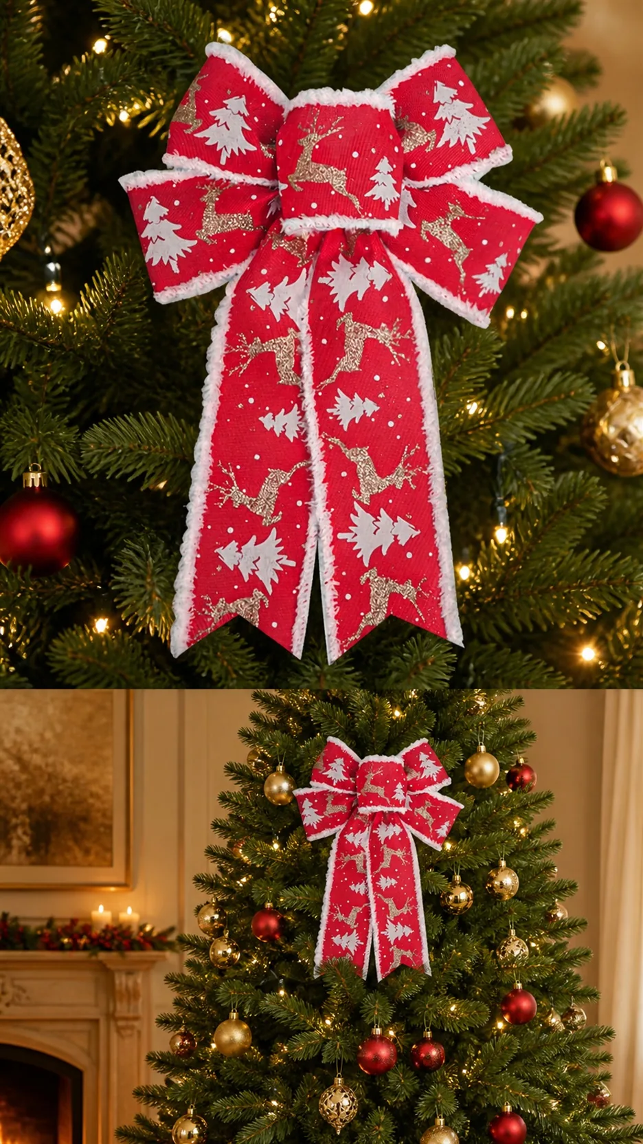 Christmas Tree Topper Bow with Frayed Edge Ribbon Reindeer Car Pattern Holiday Decoration product detail 6