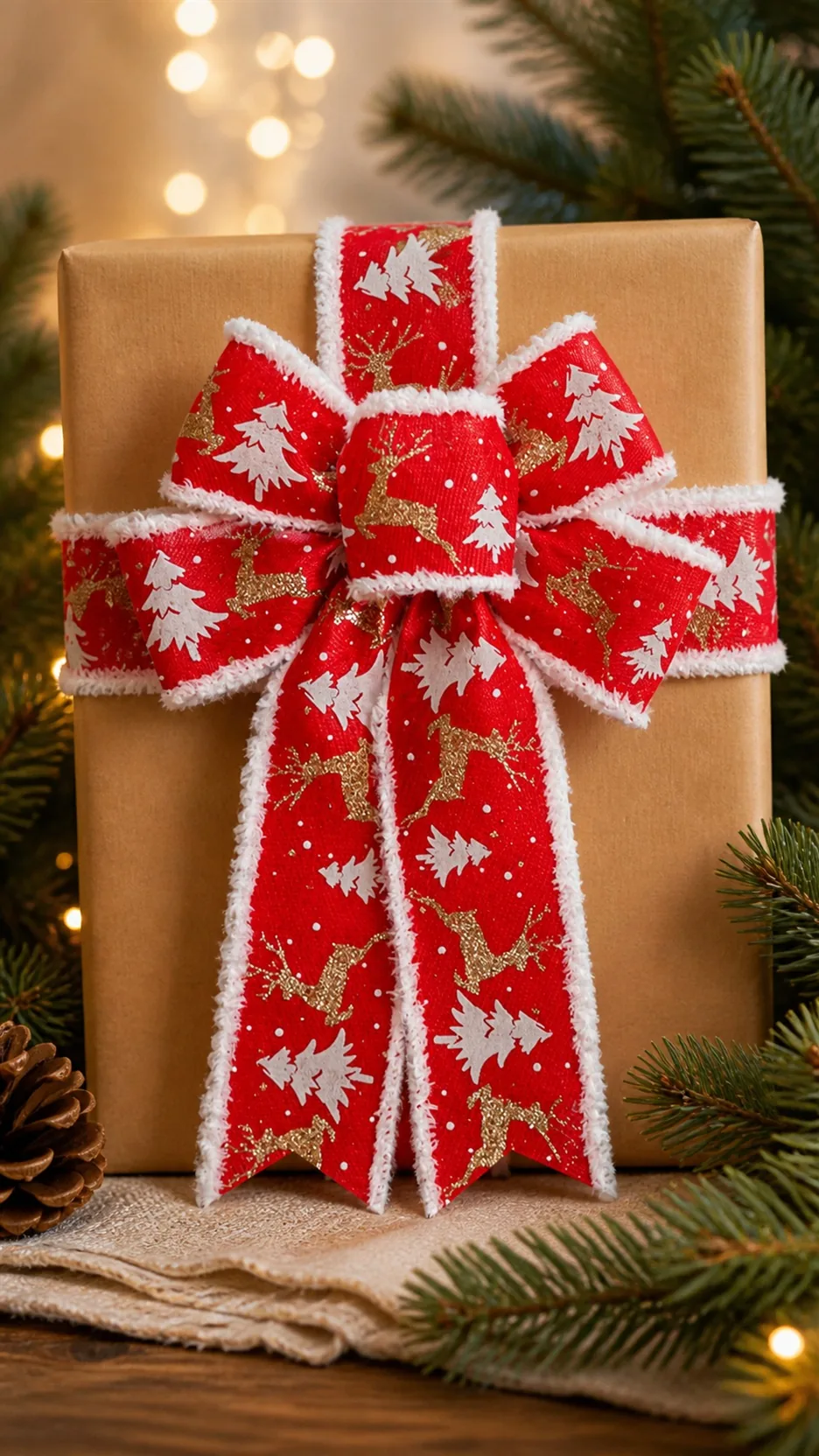 Christmas Tree Topper Bow with Frayed Edge Ribbon Reindeer Car Pattern Holiday Decoration product detail 7
