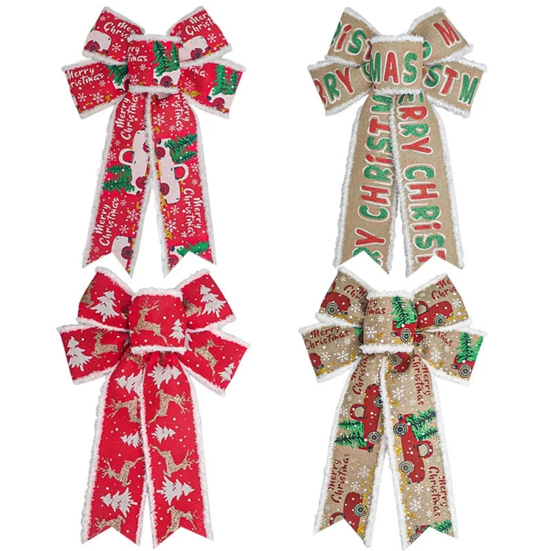 Christmas Tree Topper Bow with Frayed Edge Ribbon Reindeer Car Pattern Holiday Decoration