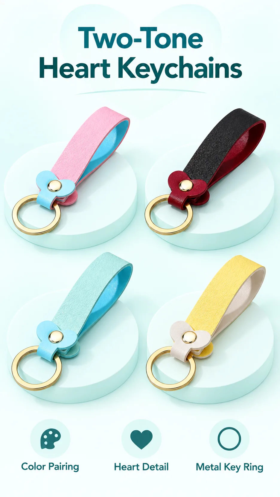 Heart-shaped leather keys to a couple's key-chain bag with a stylish car key button. product detail 1