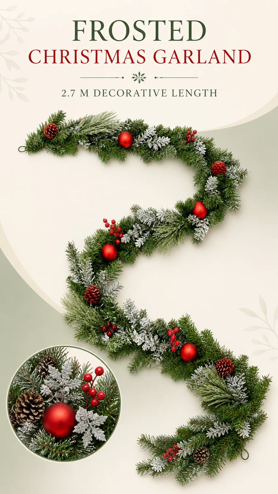 2.7m Frosted PE Christmas Garland with Red Baubles Pinecones Berries for Mantel Doorway Hotel Decoration product detail 1