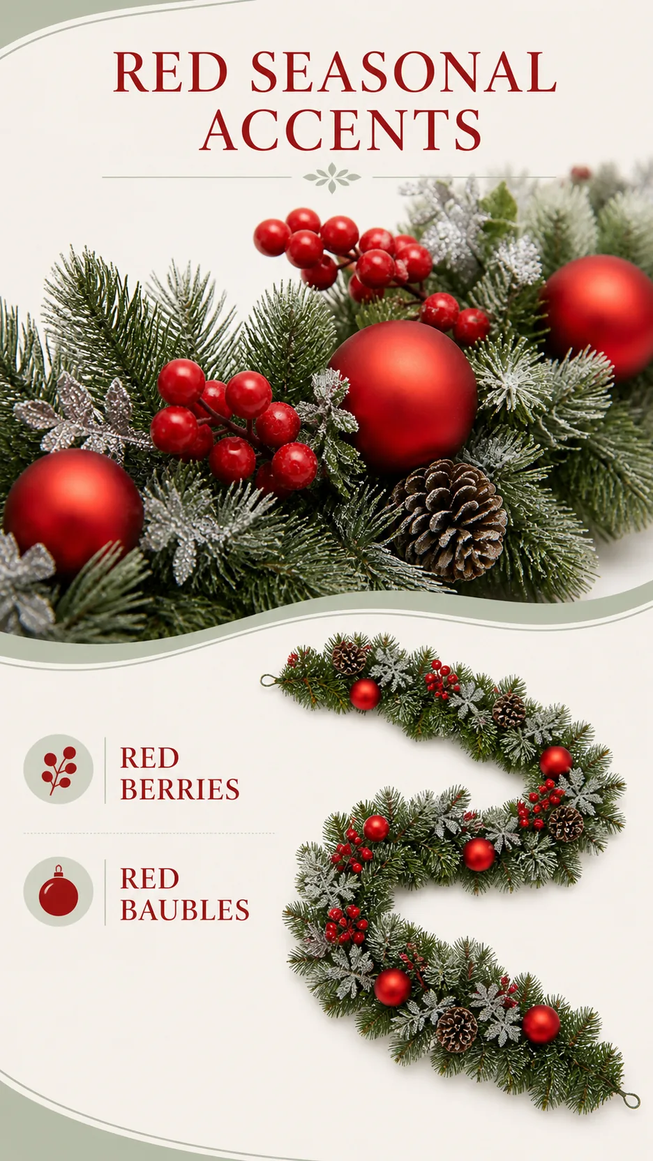 2.7m Frosted PE Christmas Garland with Red Baubles Pinecones Berries for Mantel Doorway Hotel Decoration product detail 3