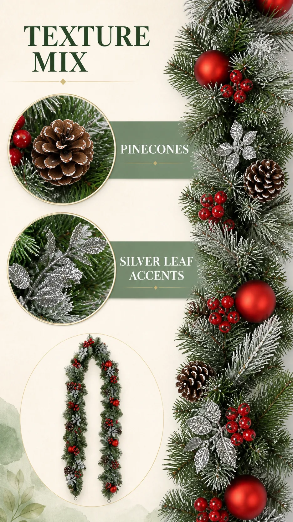 2.7m Frosted PE Christmas Garland with Red Baubles Pinecones Berries for Mantel Doorway Hotel Decoration product detail 4