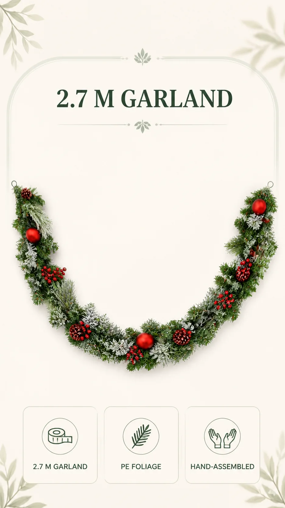2.7m Frosted PE Christmas Garland with Red Baubles Pinecones Berries for Mantel Doorway Hotel Decoration product detail 5