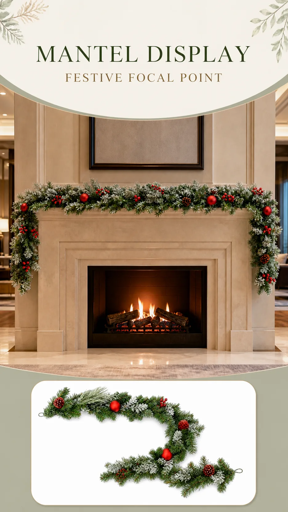 2.7m Frosted PE Christmas Garland with Red Baubles Pinecones Berries for Mantel Doorway Hotel Decoration product detail 6