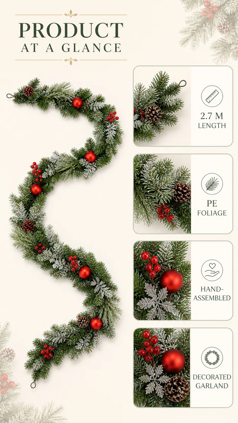 2.7m Frosted PE Christmas Garland with Red Baubles Pinecones Berries for Mantel Doorway Hotel Decoration product detail 8