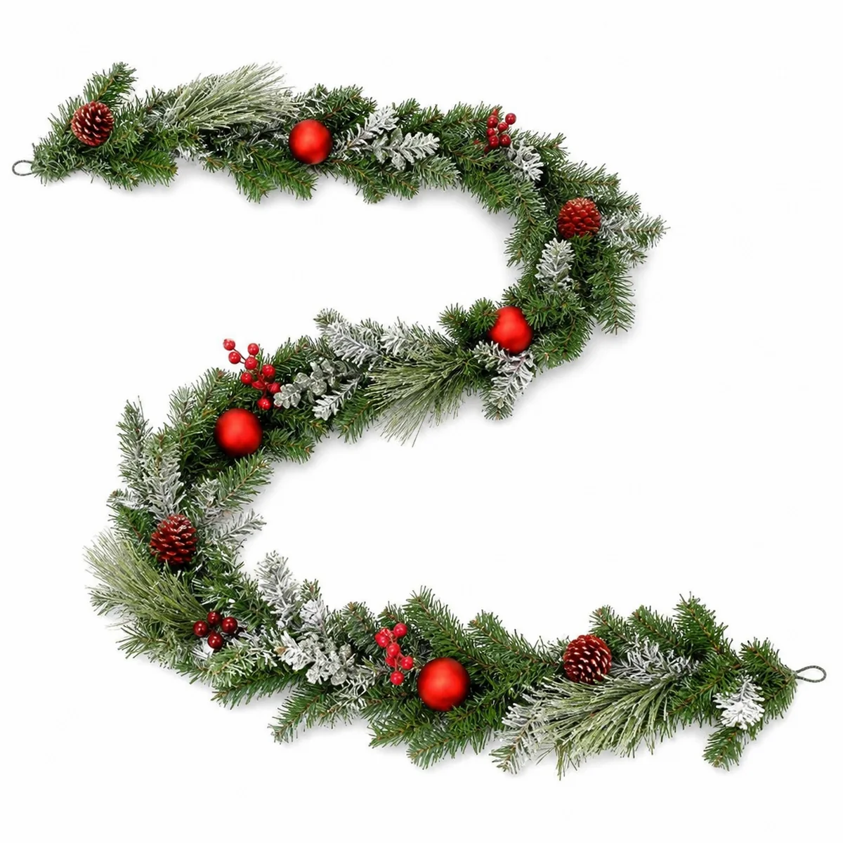 2.7m Frosted PE Christmas Garland with Red Baubles Pinecones Berries for Mantel Doorway Hotel Decoration