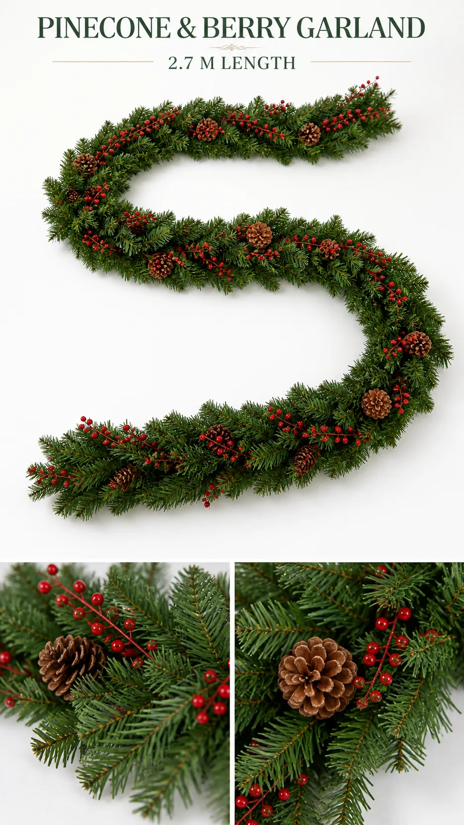 2.7m Artificial Christmas Garland with Pinecones and Red Berries PVC Foliage for Mantel Staircase Decoration product detail 1